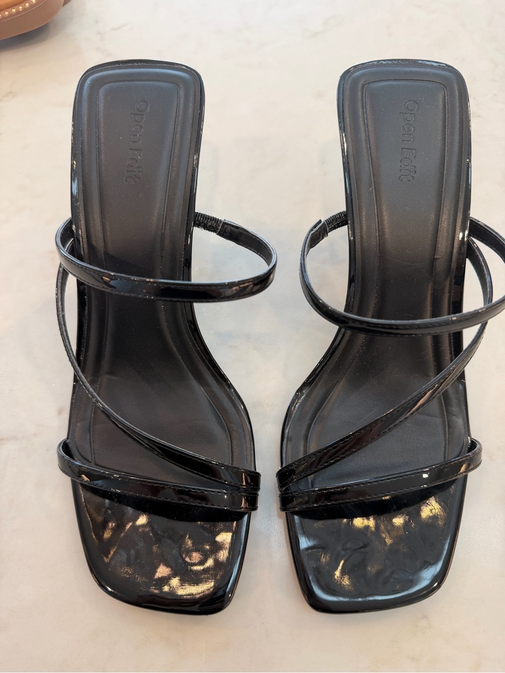 Open Edit Black Strappy Square-Toe Heeled Sandals